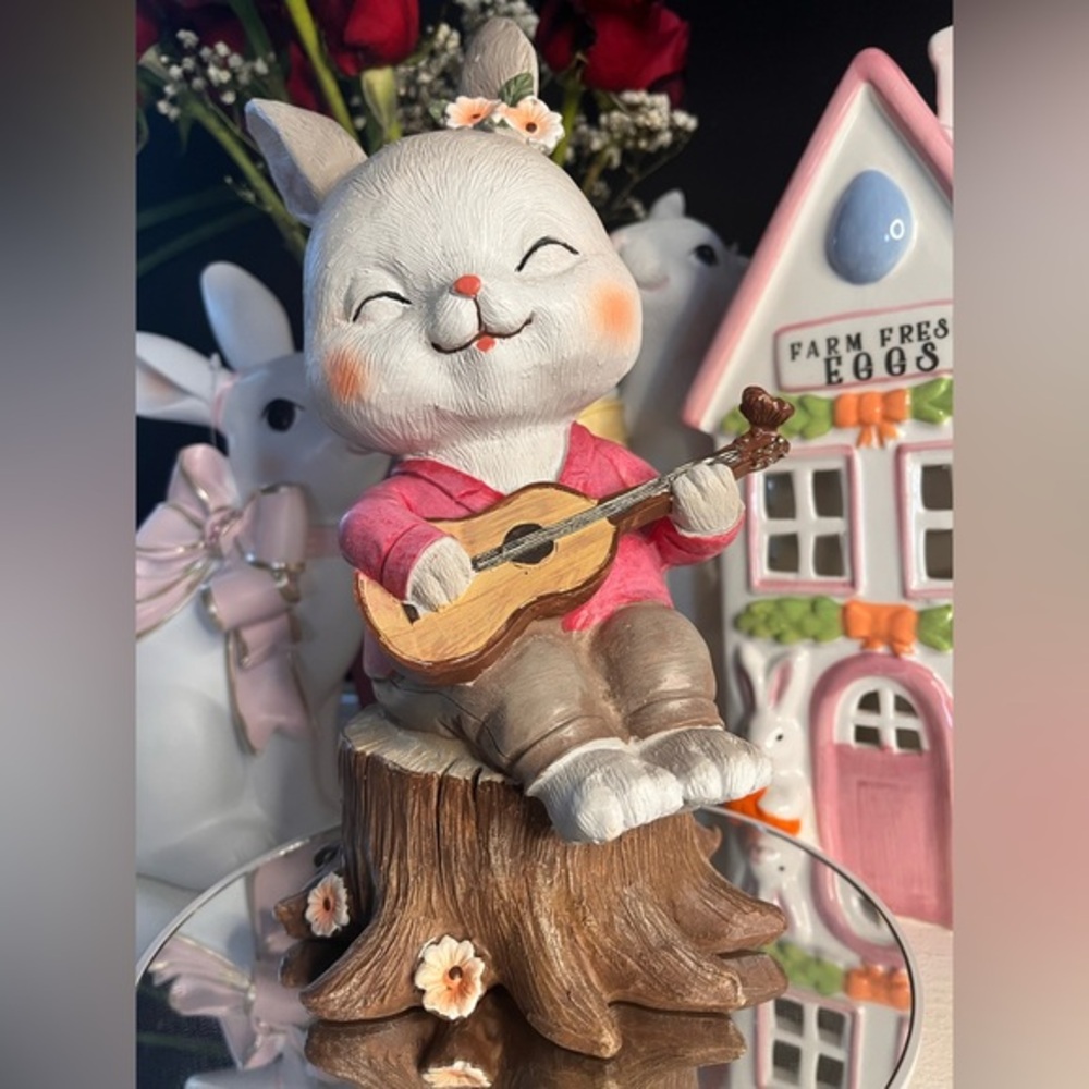 Easter Bunny Girl Playing Guitar Figurine Spring Tabletop Decor NWT